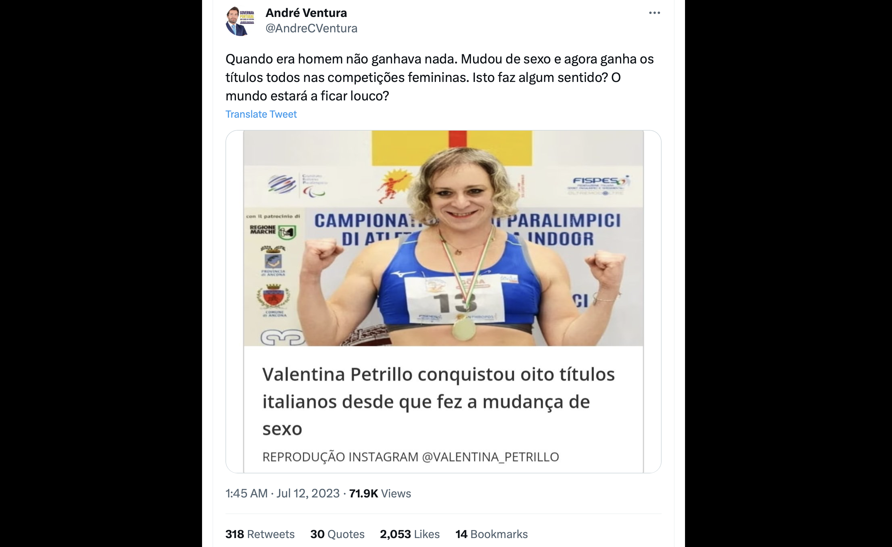 Quando era homem não ganhava nada”, diz Ventura sobre atleta trans que  venceu oito troféus no feminino. É verdade? – Poligrafo