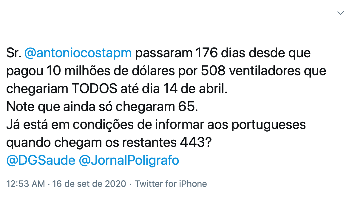 Só 65 Dos 508 Ventiladores Prometidos Por António Costa Chegaram A Portugal Poligrafo 3074